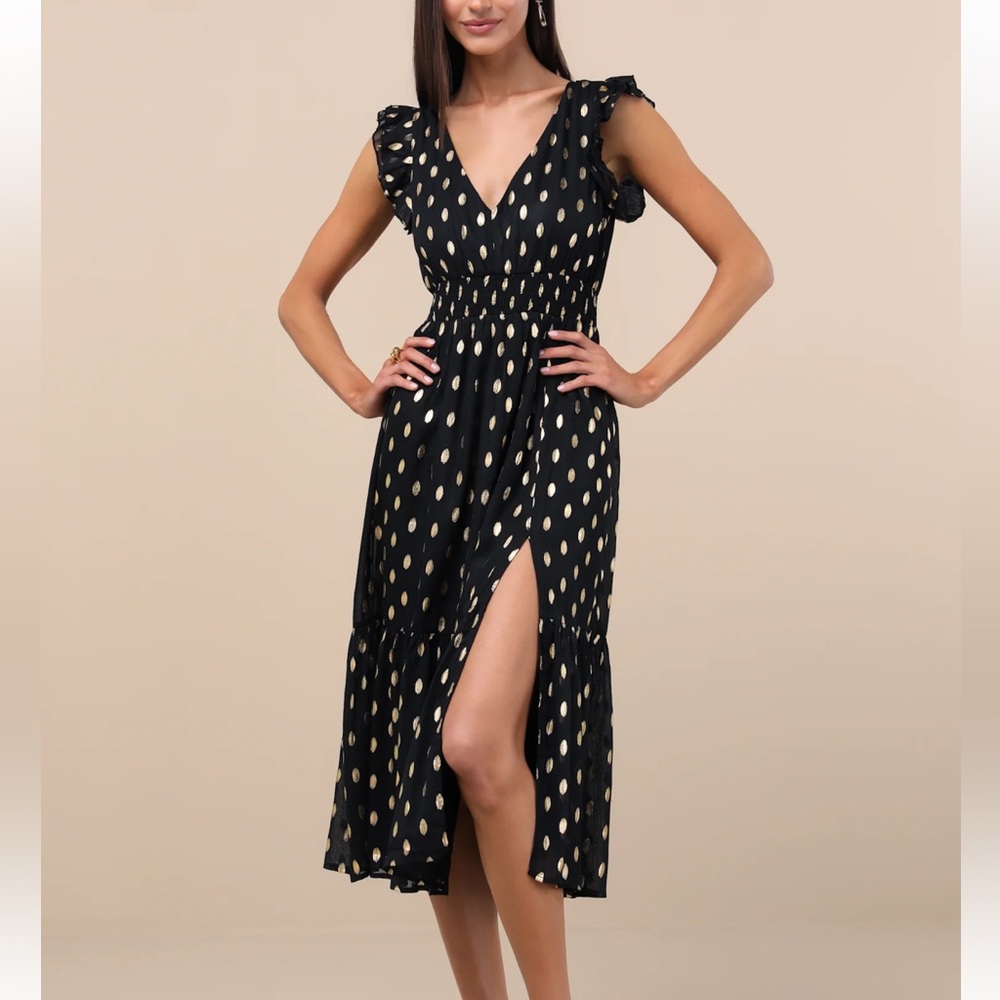 Lulu's Black and Gold Dot Ruffled Tiered Midi Dress